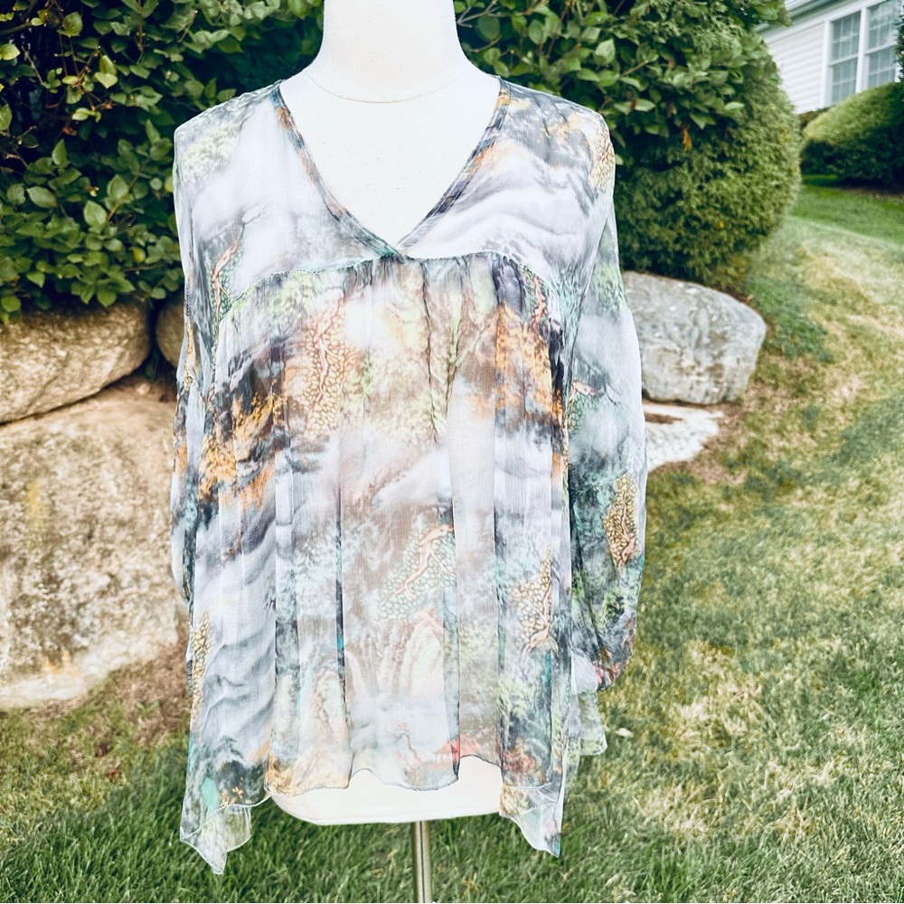 Tempo Paris Sheer Landscape Print Blouse Medium V-Neck High-Low Boho Top - Picture 5 of 10